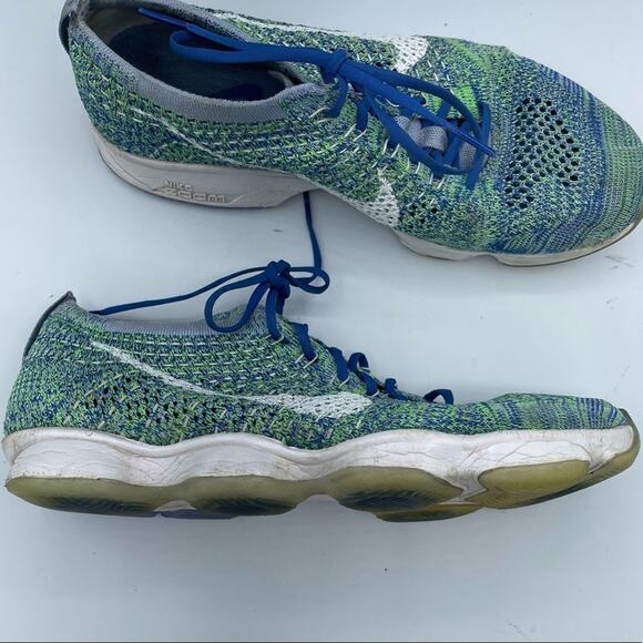 Nike Blue & Green Flyknit Zoom Running Shoes Sneakers Womens 8.5 Athletic Sporty - Picture 1 of 13